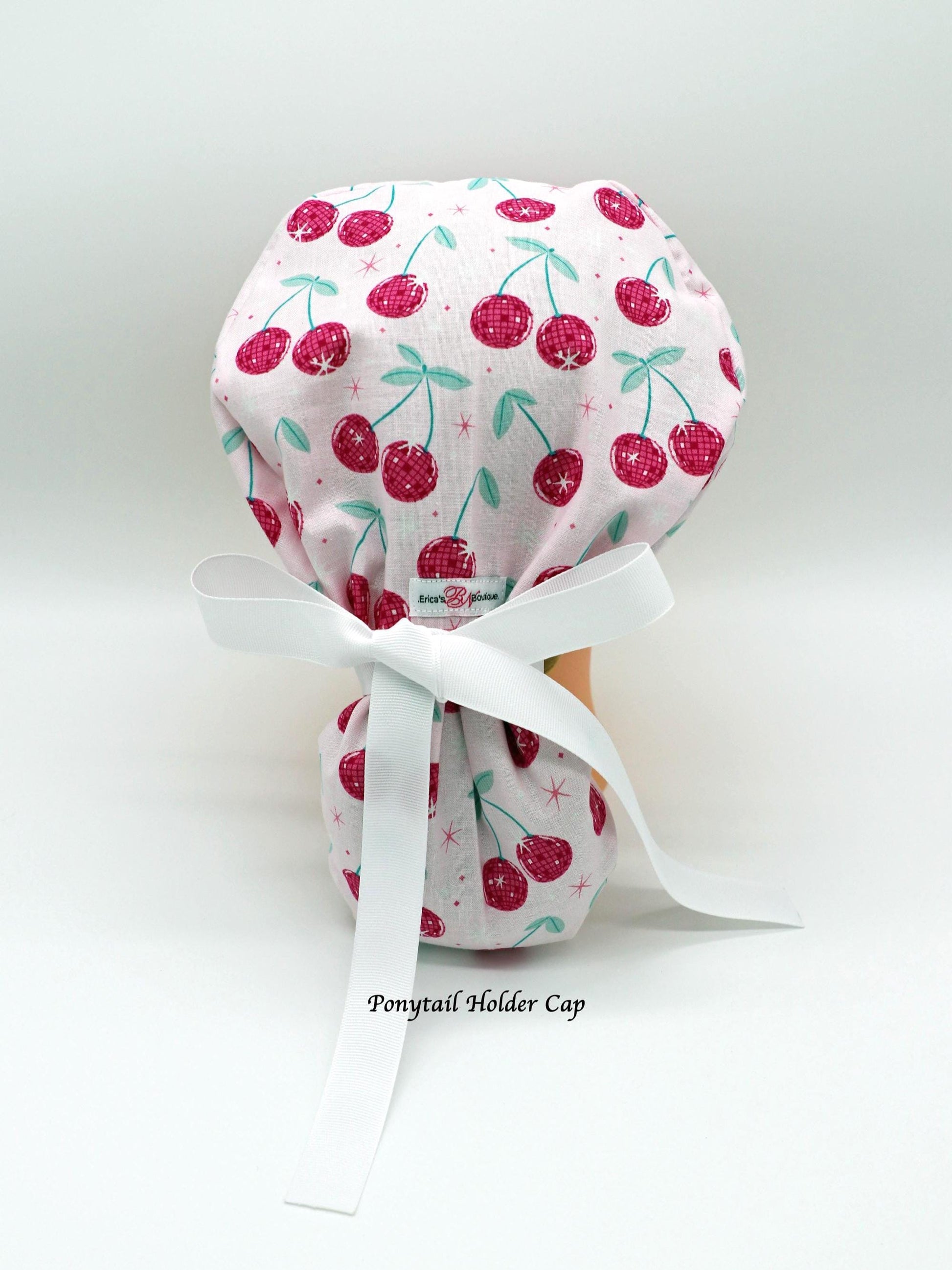 Disco Cherry Nurse Scrub Cap, Ponytail Holder Scrub Cap, RN Scrub Cap