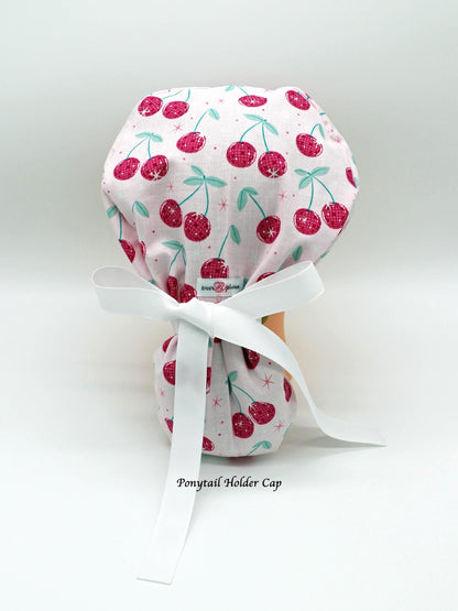 Disco Cherry Nurse Scrub Cap, Ponytail Holder Scrub Cap, RN Scrub Cap