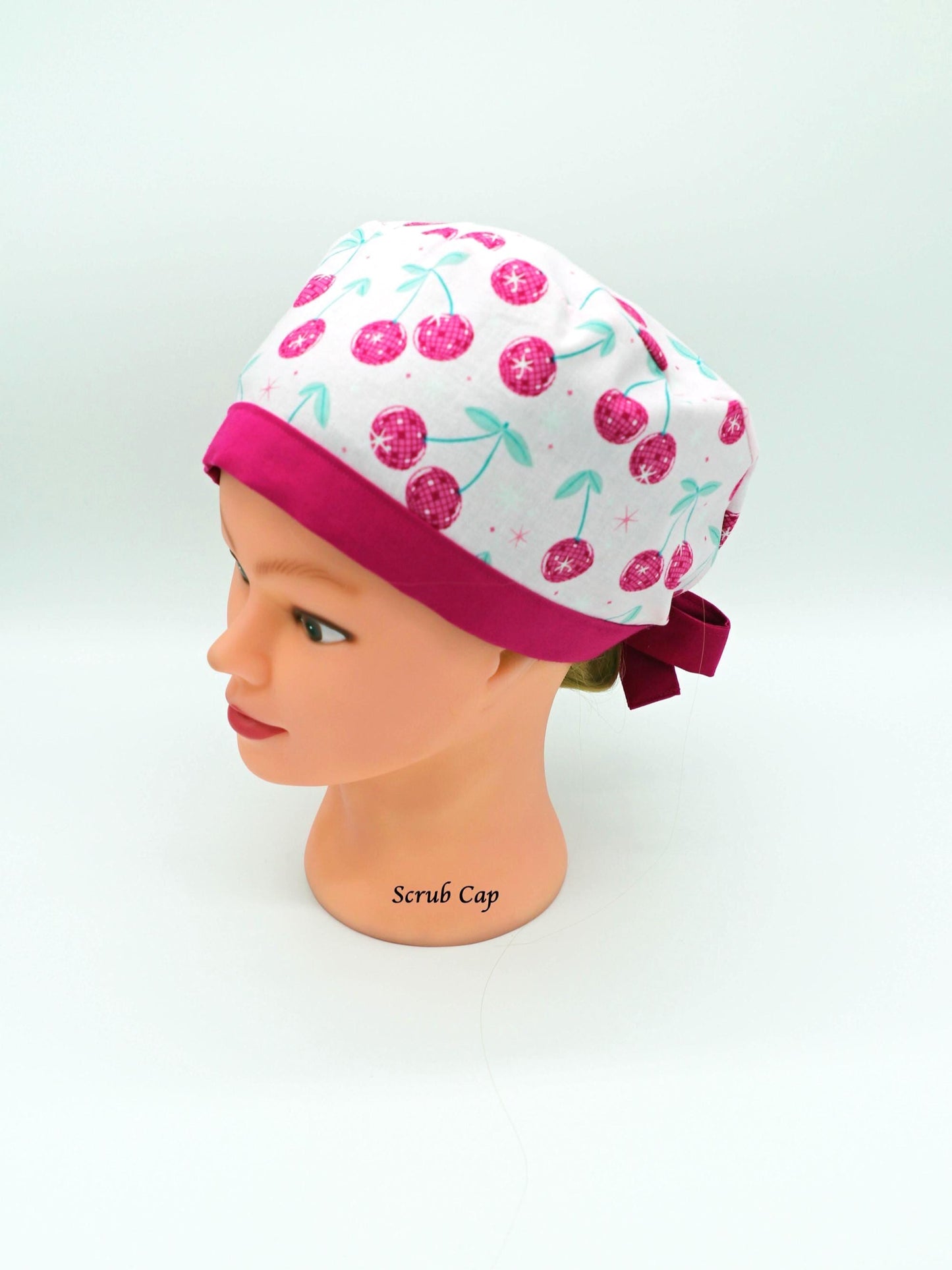 Disco Cherry Nurse Scrub Cap, Ponytail Holder Scrub Cap, RN Scrub Cap
