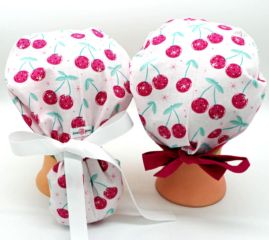 Disco Cherry Nurse Scrub Cap, Ponytail Holder Scrub Cap, RN Scrub Cap