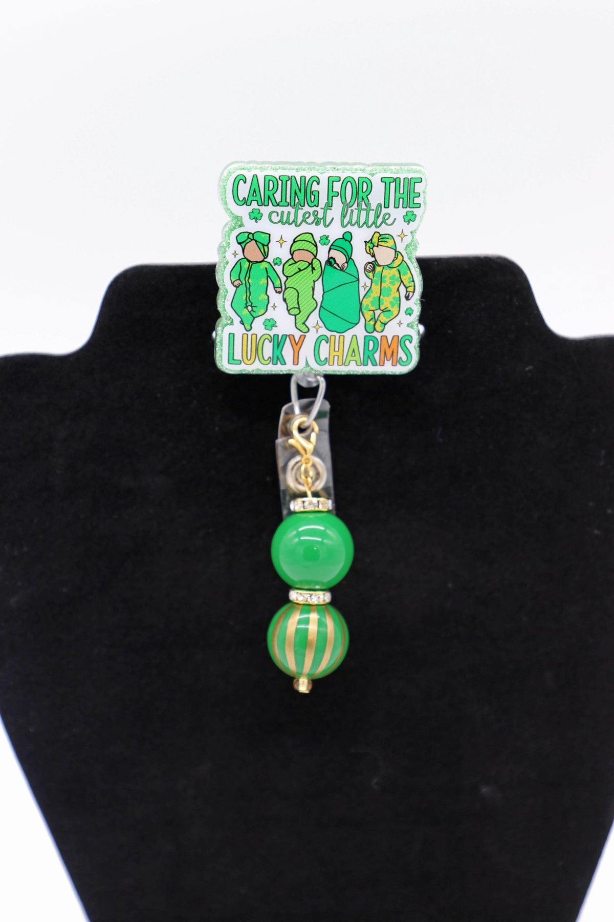 St Patrick's Day NICU Nurse Badge Reel, Lucky Charms, Beaded