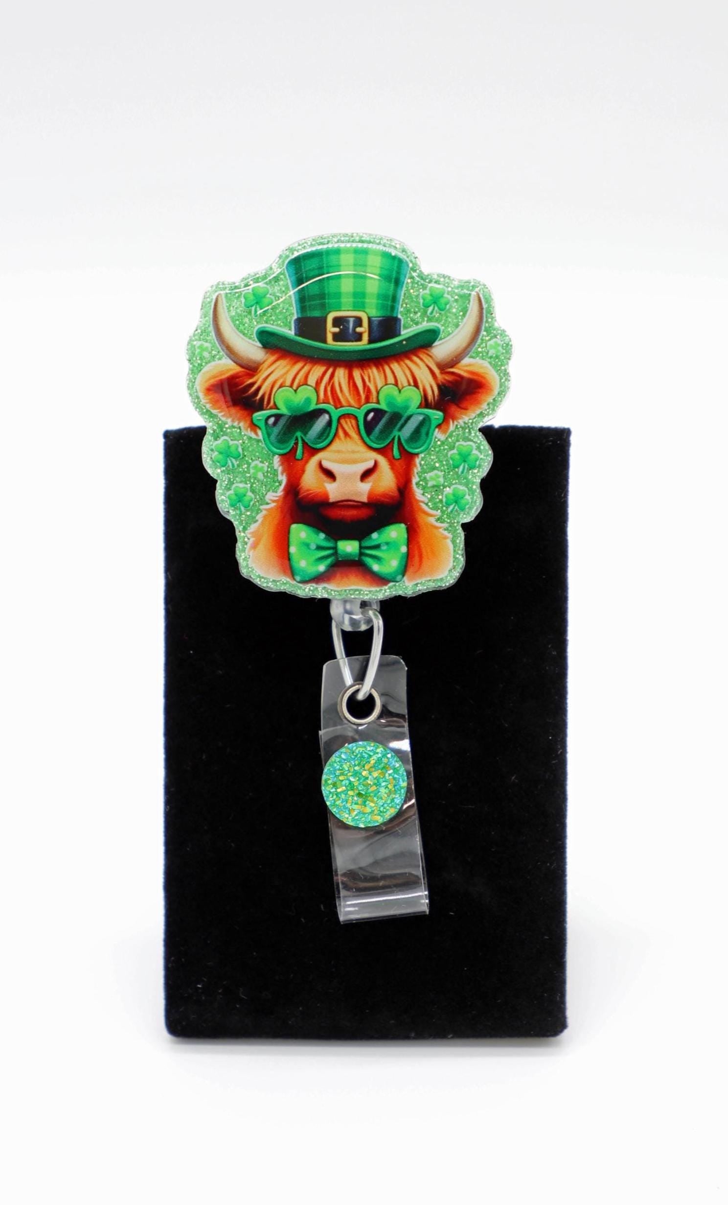 St Patricks Day Themed Badge Reel, RN Badge Reel, Highland Cow Badge Reel
