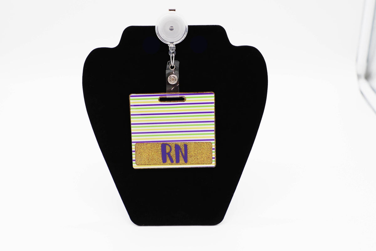 Personalized Mardi Gras Badge Buddy, Purple Green Gold Stripes