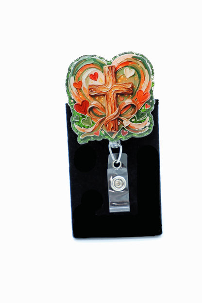 Wooden Cross Badge Reel, Nurse Badge Reel, RN Badge Reel, Hospital ID Holder, Christian Badge Reel