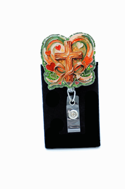 Wooden Cross Badge Reel, Nurse Badge Reel, RN Badge Reel, Hospital ID Holder, Christian Badge Reel