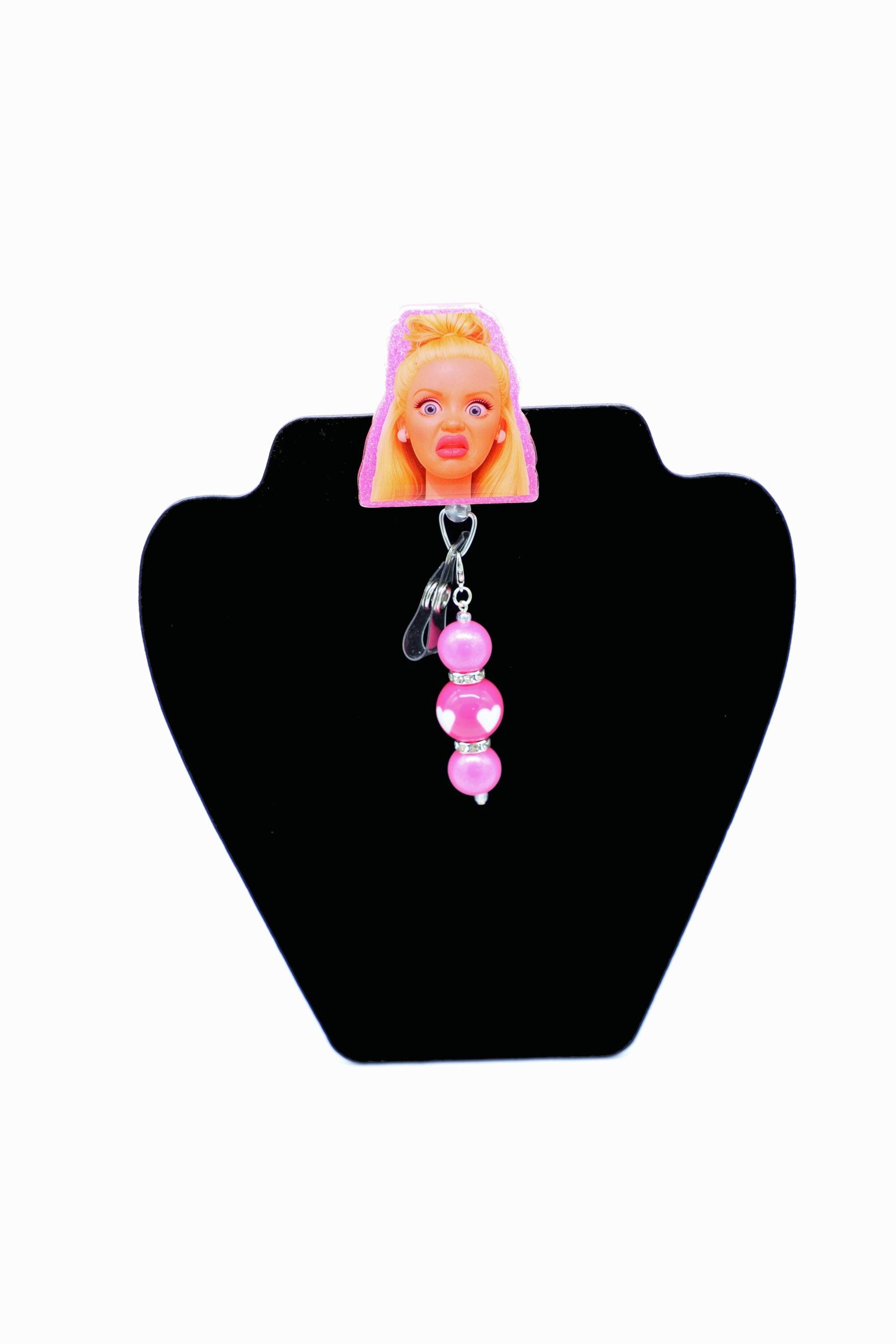 Funny Barbie Face RN Badge Reel, Glittered Acrylic Hospital ID Holder