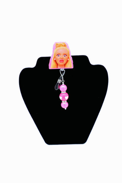 Funny Barbie Face RN Badge Reel, Glittered Acrylic Hospital ID Holder