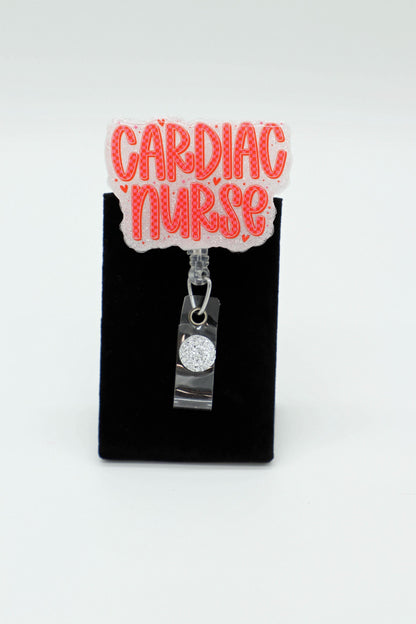 Glittered Cardiac Nurse Badge Reel, Resin Sealed, RN ID Holder Clip