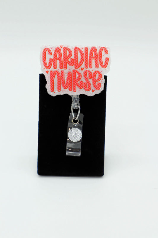 Glittered Cardiac Nurse Badge Reel, Resin Sealed, RN ID Holder Clip