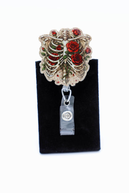 Skeleton Roses Badge Reel, Nurse, RT, Radiology Department Accessory