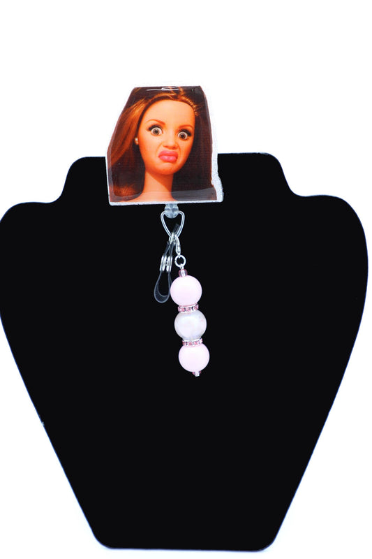 Funny Barbie Face, Brown Haired Barbie, Nurse Badge Reel