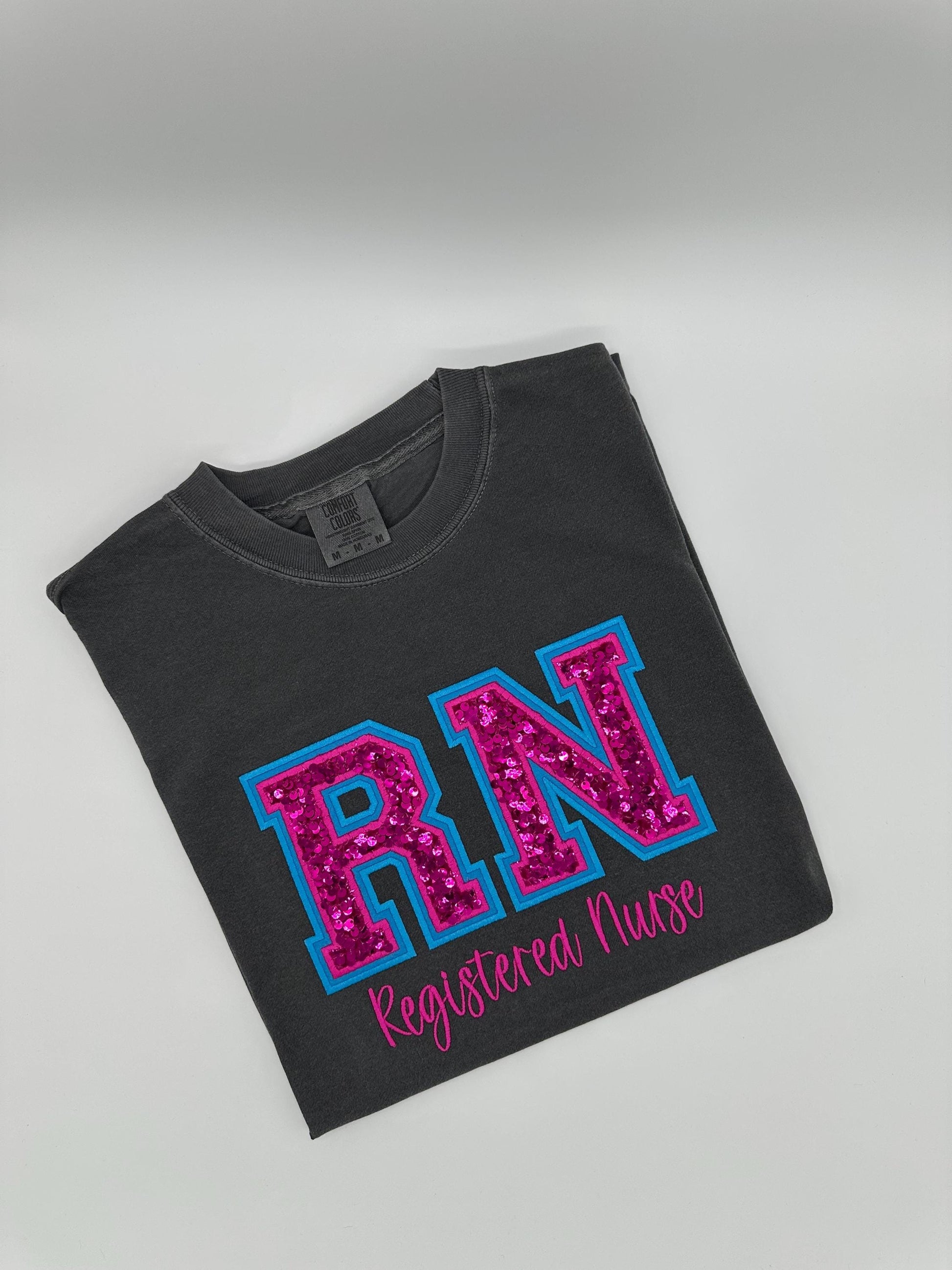 RN Registered Nurse, Double Varsity Letters, Sequin, Nurse Tee, T-shirt, Sweatshirt