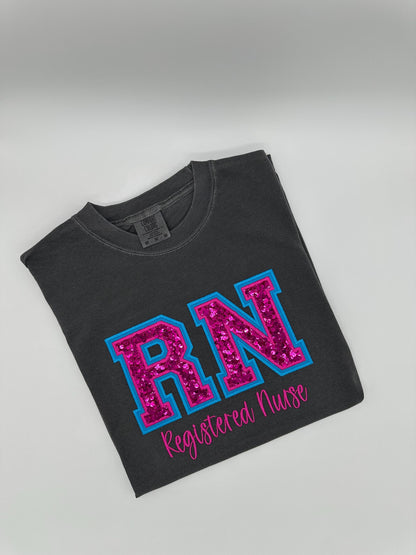 RN Registered Nurse, Double Varsity Letters, Sequin, Nurse Tee, T-shirt, Sweatshirt