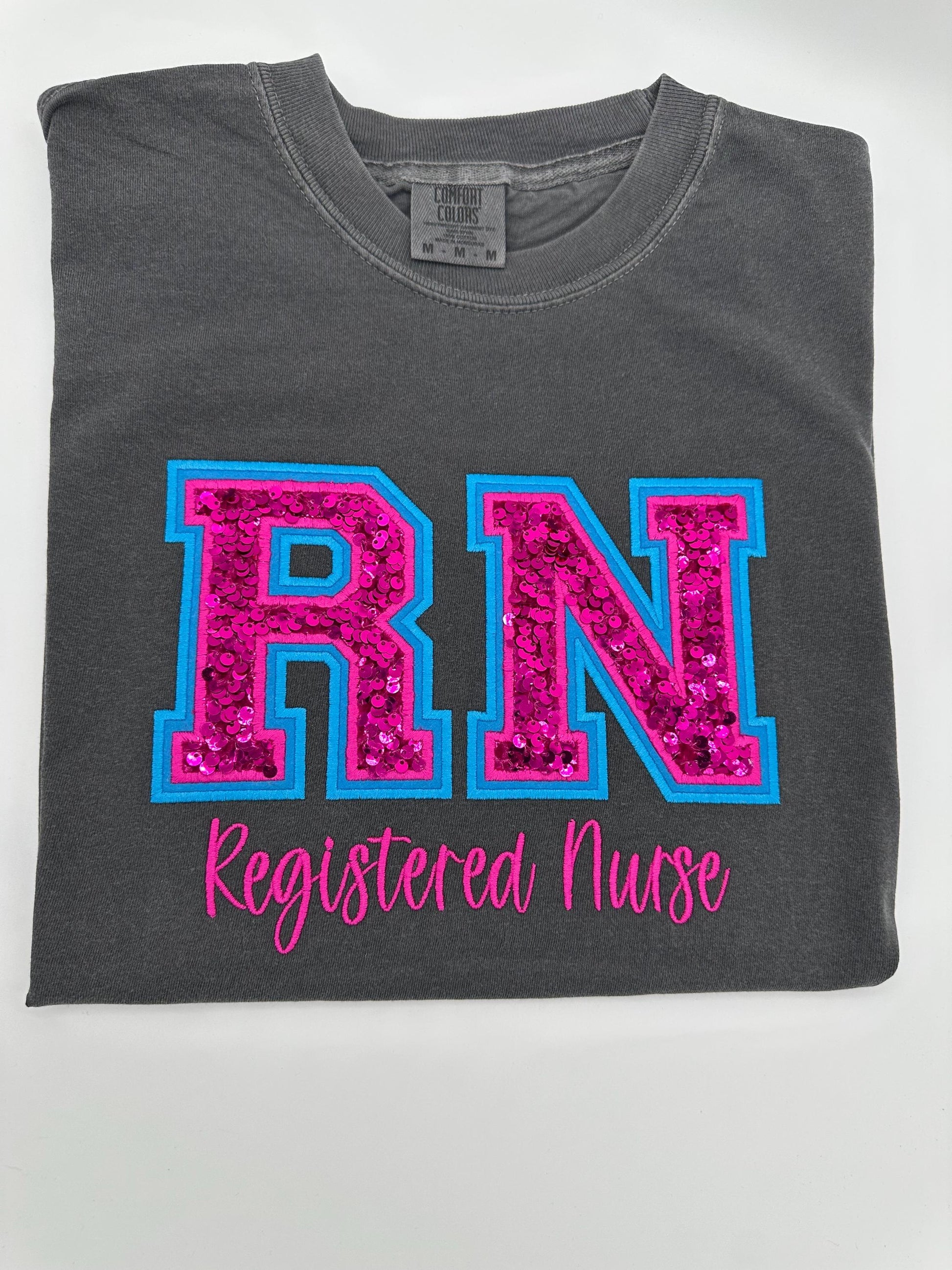 RN Registered Nurse, Double Varsity Letters, Sequin, Nurse Tee, T-shirt, Sweatshirt