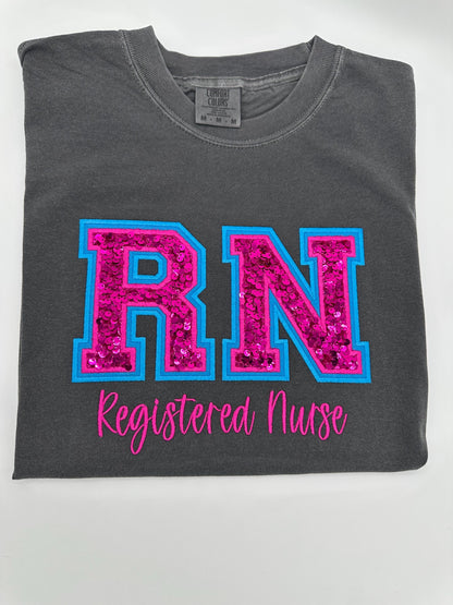 RN Registered Nurse, Double Varsity Letters, Sequin, Nurse Tee, T-shirt, Sweatshirt