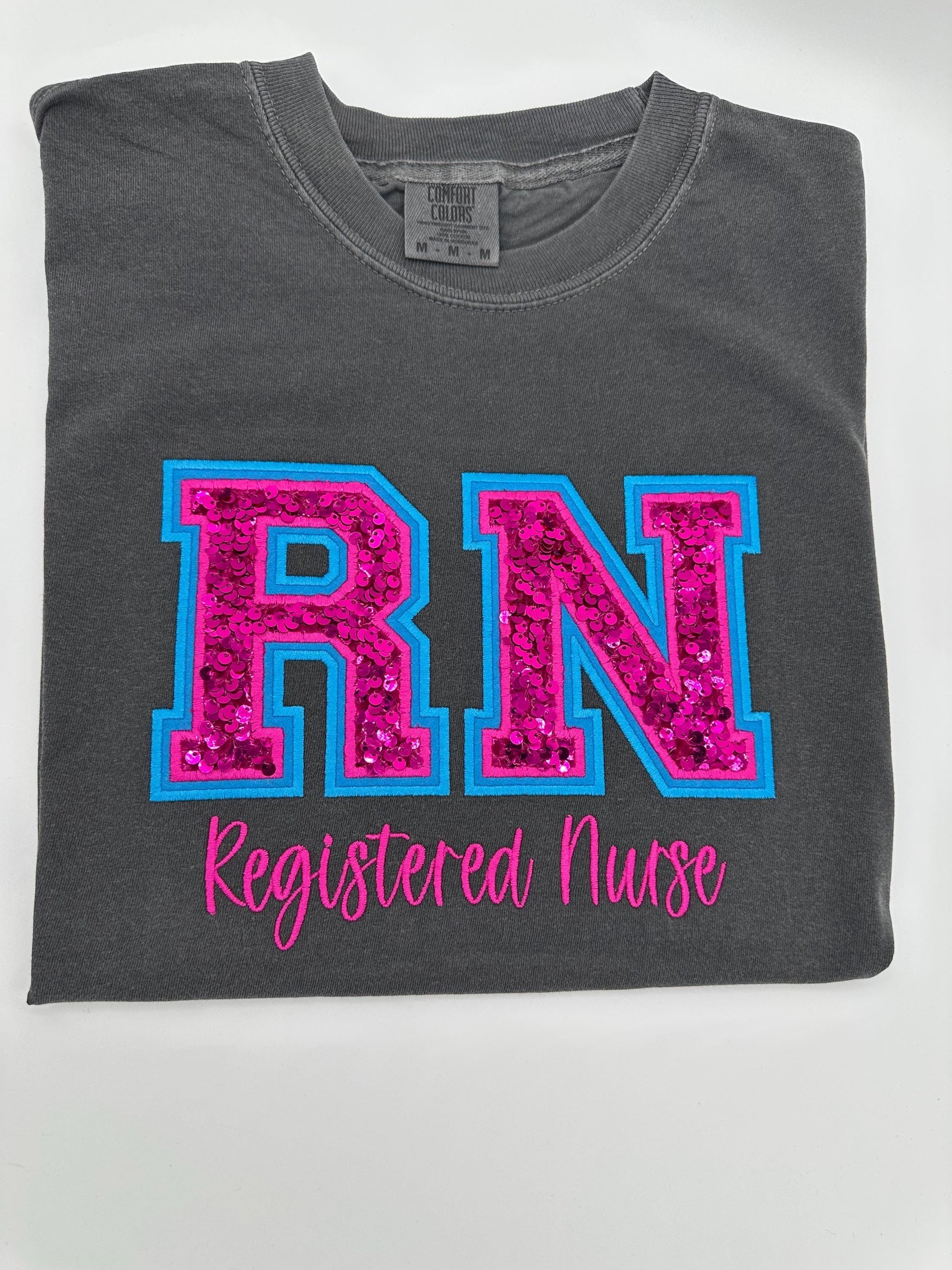 RN Registered Nurse, Double Varsity Letters, Sequin, Nurse Tee, T-shirt, Sweatshirt