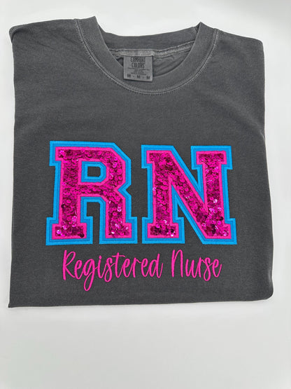 RN Registered Nurse, Double Varsity Letters, Sequin, Nurse Tee, T-shirt, Sweatshirt
