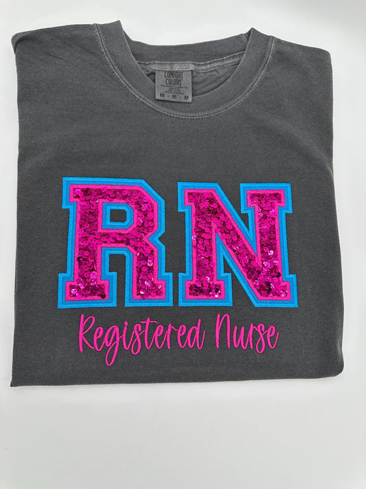 RN Registered Nurse, Double Varsity Letters, Sequin, Nurse Tee, T-shirt, Sweatshirt