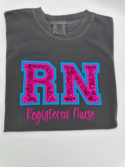 RN Registered Nurse, Double Varsity Letters, Sequin, Nurse Tee, T-shirt, Sweatshirt