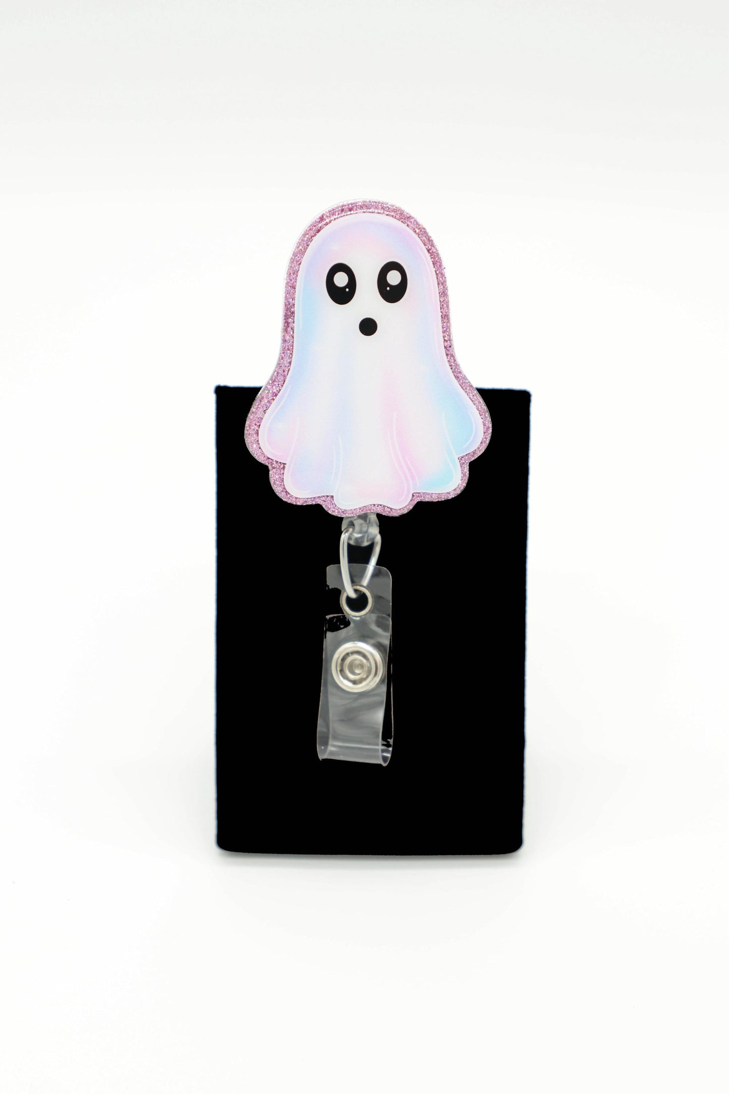 Iridescent Ghost Badge Reel for Nurses, Spooky ID Holder, Pink Glitter Accent