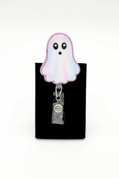 Iridescent Ghost Badge Reel for Nurses, Spooky ID Holder, Pink Glitter Accent