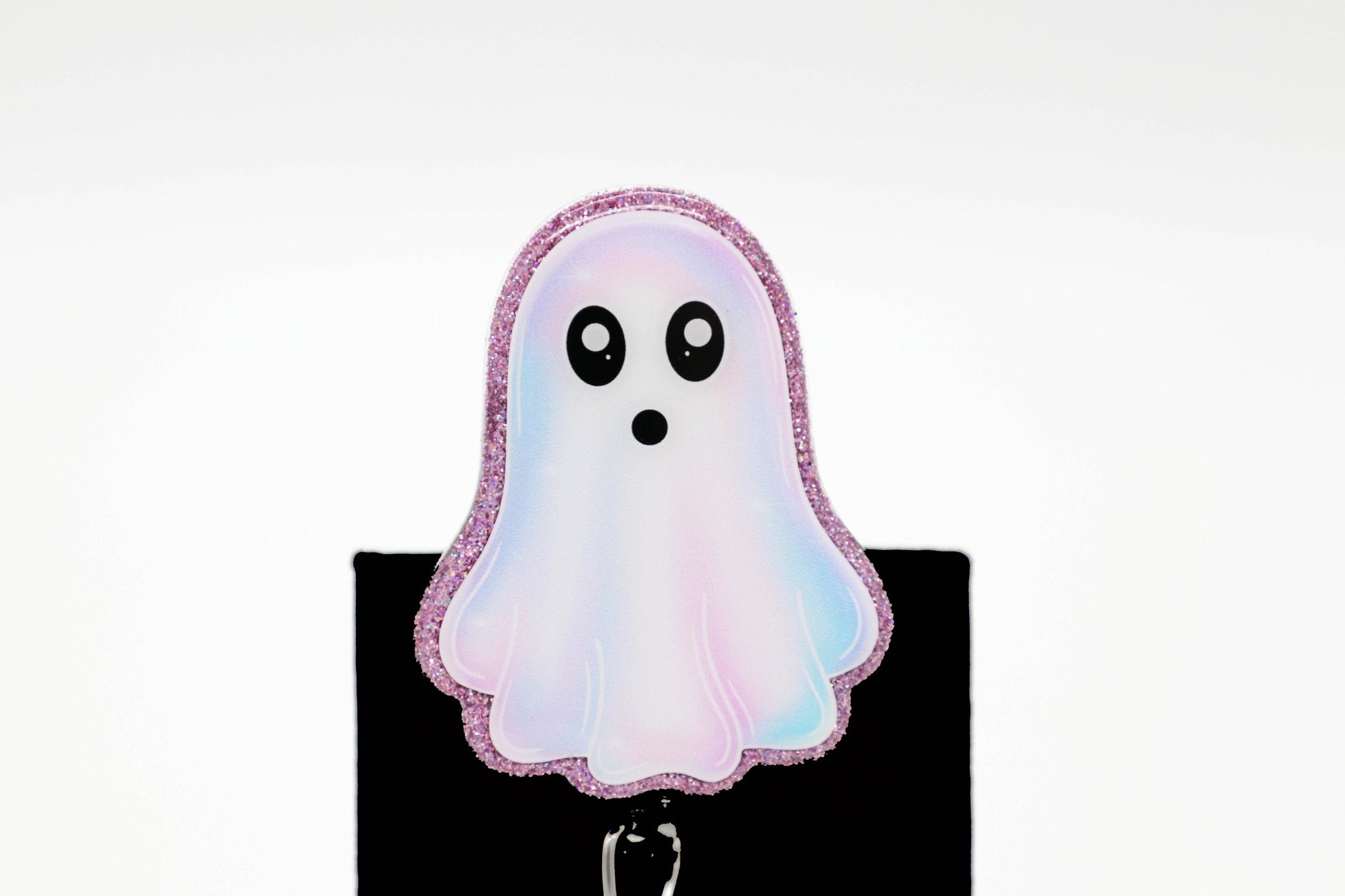 Iridescent Ghost Badge Reel for Nurses, Spooky ID Holder, Pink Glitter Accent