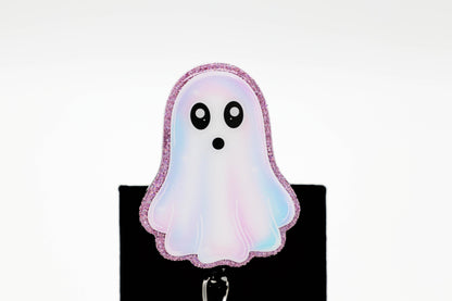 Iridescent Ghost Badge Reel for Nurses, Spooky ID Holder, Pink Glitter Accent