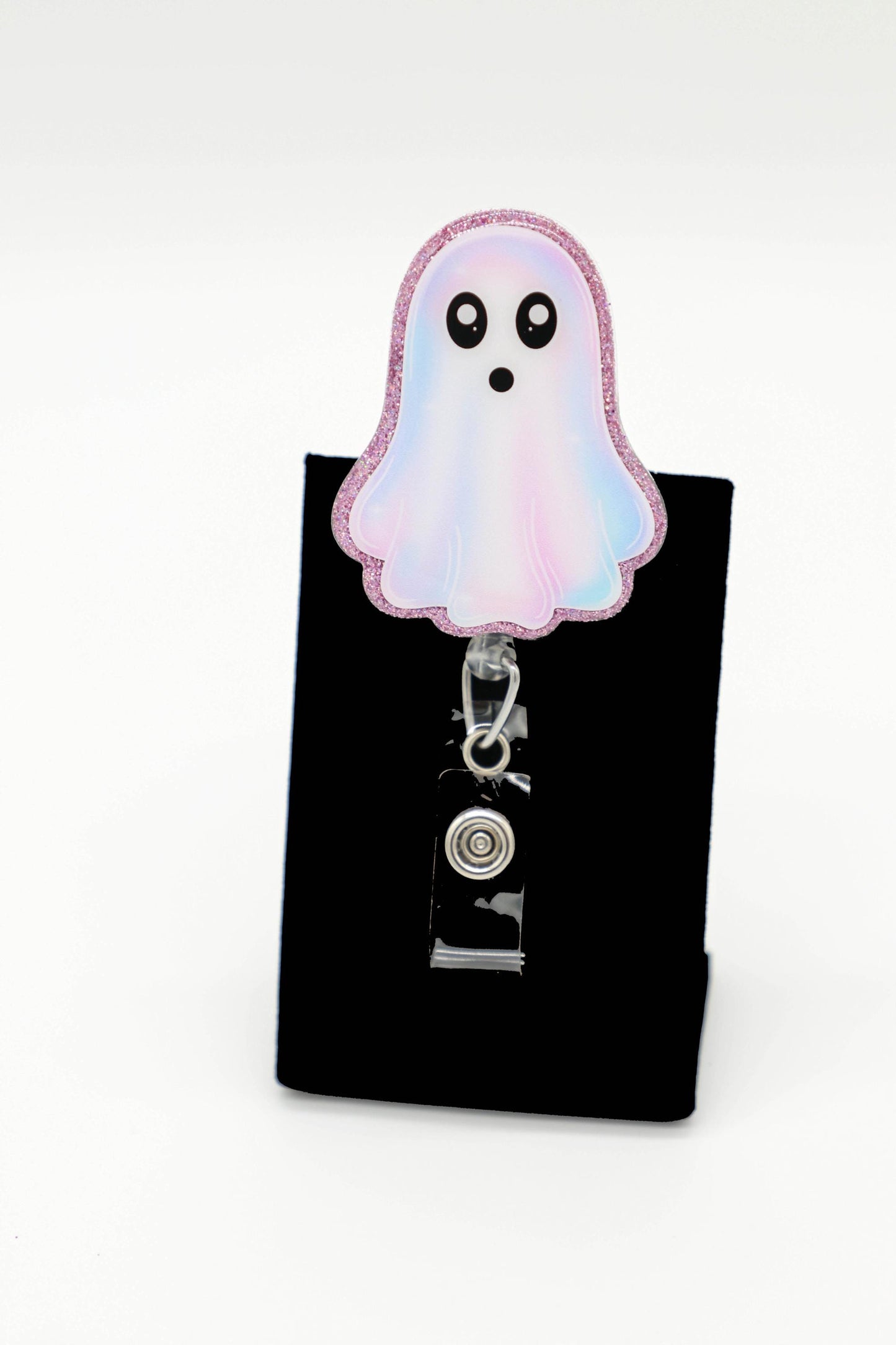 Iridescent Ghost Badge Reel for Nurses, Spooky ID Holder, Pink Glitter Accent