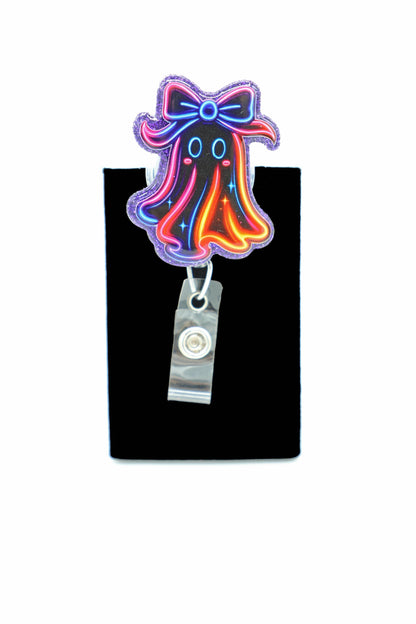 Neon Ghost Badge Reel with Bow, Nurse ID Holder, Halloween Accessory, Healthcare Gift