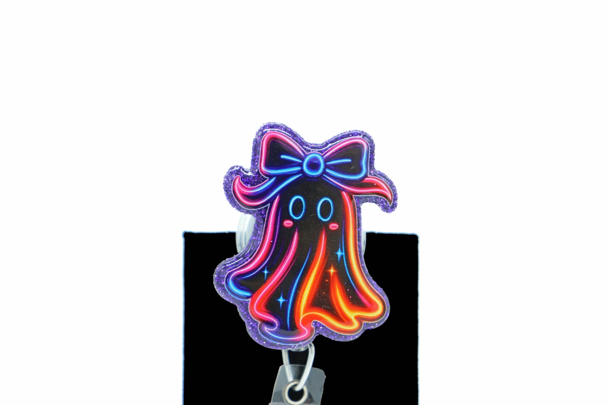 Neon Ghost Badge Reel with Bow, Nurse ID Holder, Halloween Accessory, Healthcare Gift