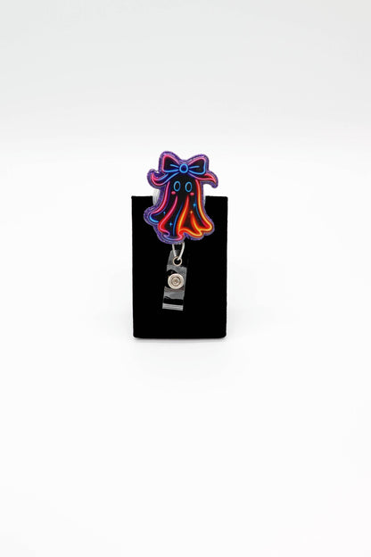 Neon Ghost Badge Reel with Bow, Nurse ID Holder, Halloween Accessory, Healthcare Gift