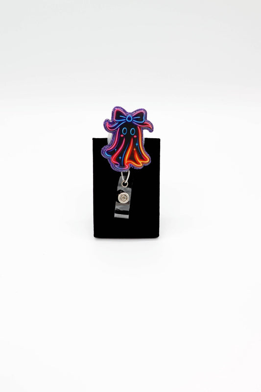 Neon Ghost Badge Reel with Bow, Nurse ID Holder, Halloween Accessory, Healthcare Gift