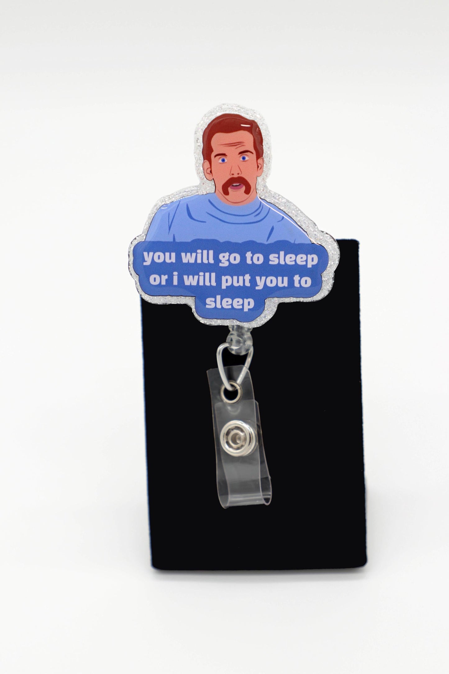 Humorous Bedtime ID Holder Clip, Sleep Quote, Sparkly Character, Shift Work Accessory
