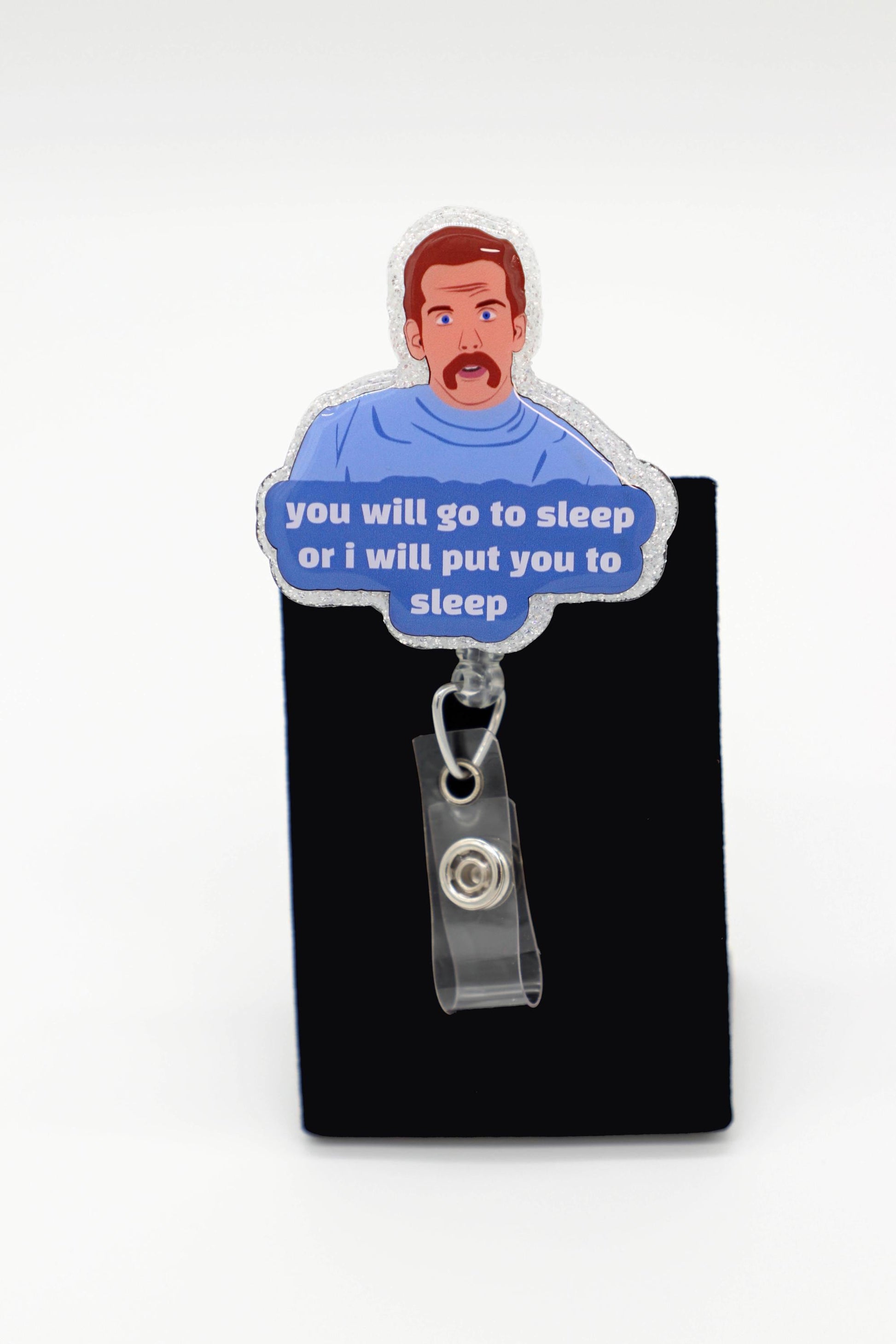 Humorous Bedtime ID Holder Clip, Sleep Quote, Sparkly Character, Shift Work Accessory