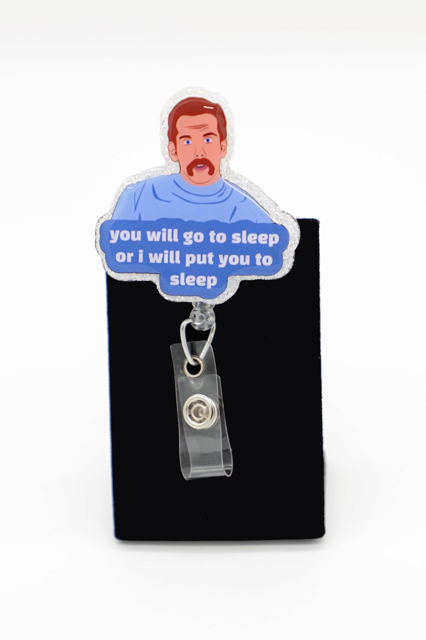 Humorous Bedtime ID Holder Clip, Sleep Quote, Sparkly Character, Shift Work Accessory