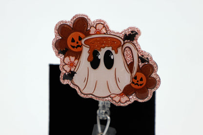 Halloween Nurse Badge Holder, Coffee Ghost Design, Retractable Work ID Clip