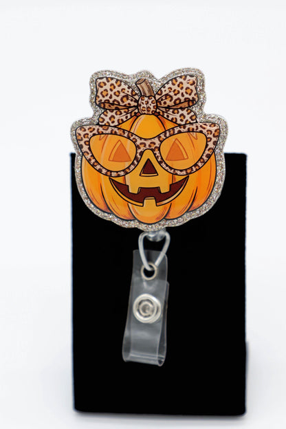Cute Pumpkin Badge Reel with Glasses, Leopard Print, Retractable ID Holder, Nurse Halloween Accessory