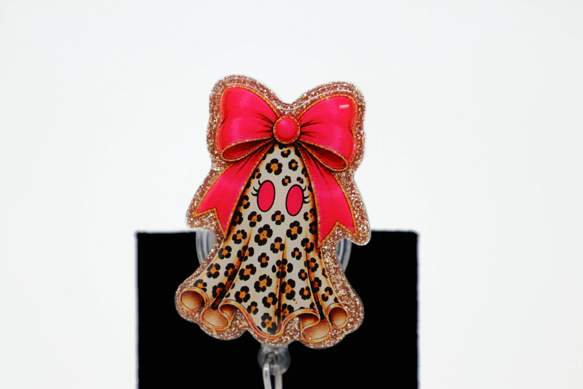 Leopard Ghost Halloween Badge Reel, Pink Bow, Retractable ID Holder, Nurse Accessory