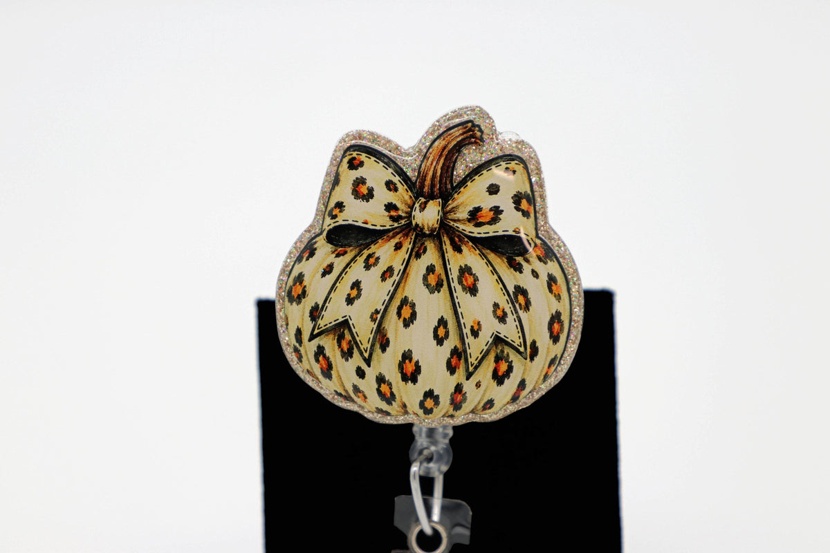 Leopard Pumpkin Nurse Badge Reel, Retractable ID Holder, Halloween Work Accessory