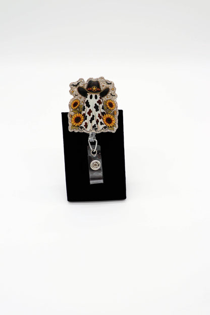 Sunflower Ghost Cowboy Badge Reel, Retractable ID Holder, Cute Halloween Nurse Accessory