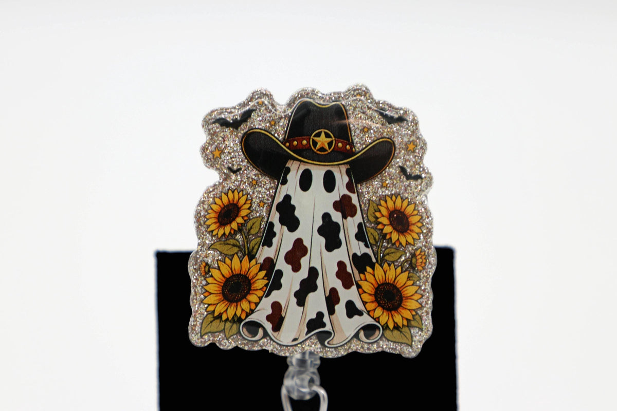 Sunflower Ghost Cowboy Badge Reel, Retractable ID Holder, Cute Halloween Nurse Accessory