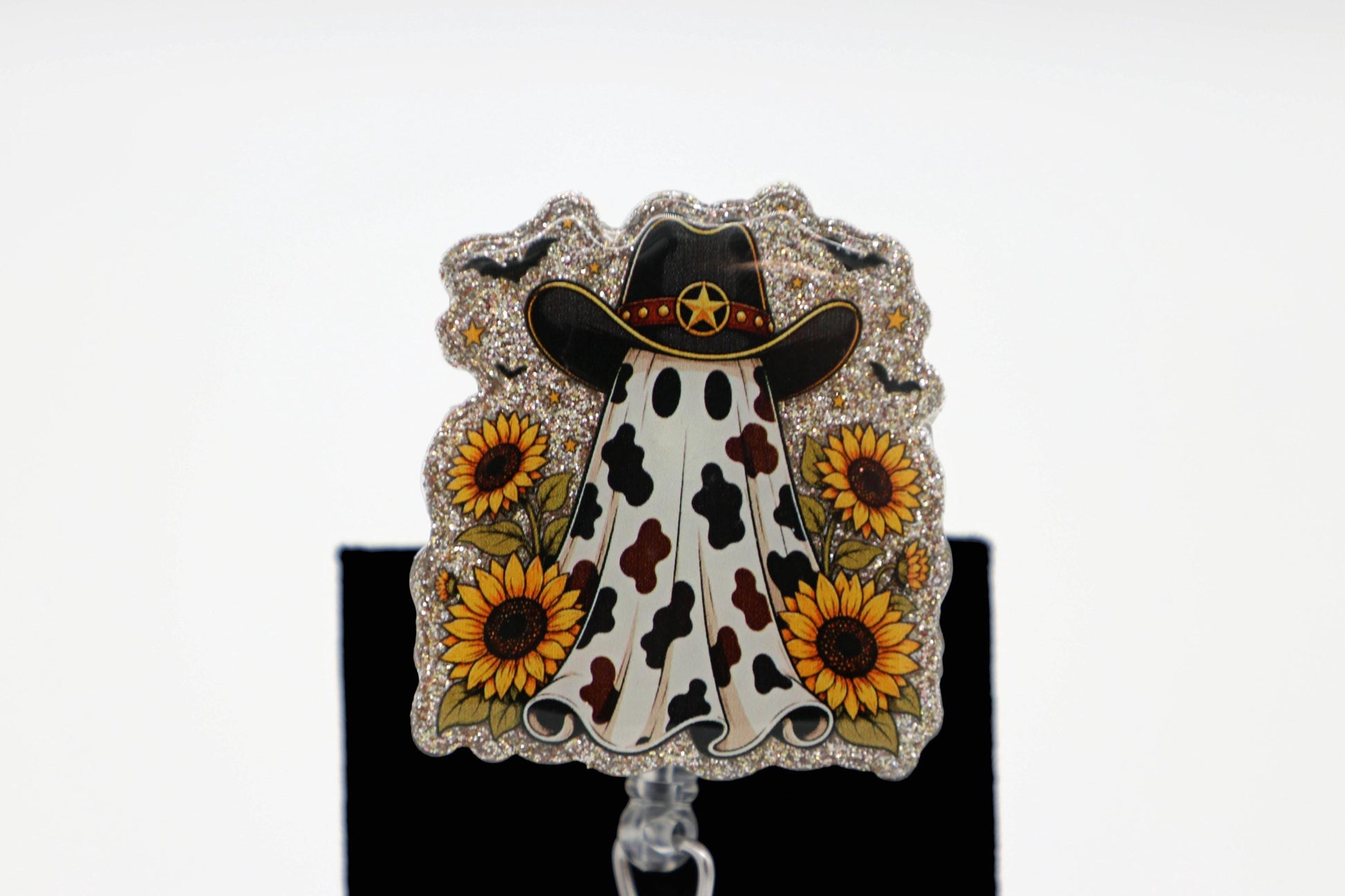 Sunflower Ghost Cowboy Badge Reel, Retractable ID Holder, Cute Halloween Nurse Accessory