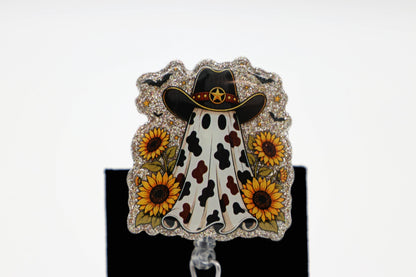 Sunflower Ghost Cowboy Badge Reel, Retractable ID Holder, Cute Halloween Nurse Accessory