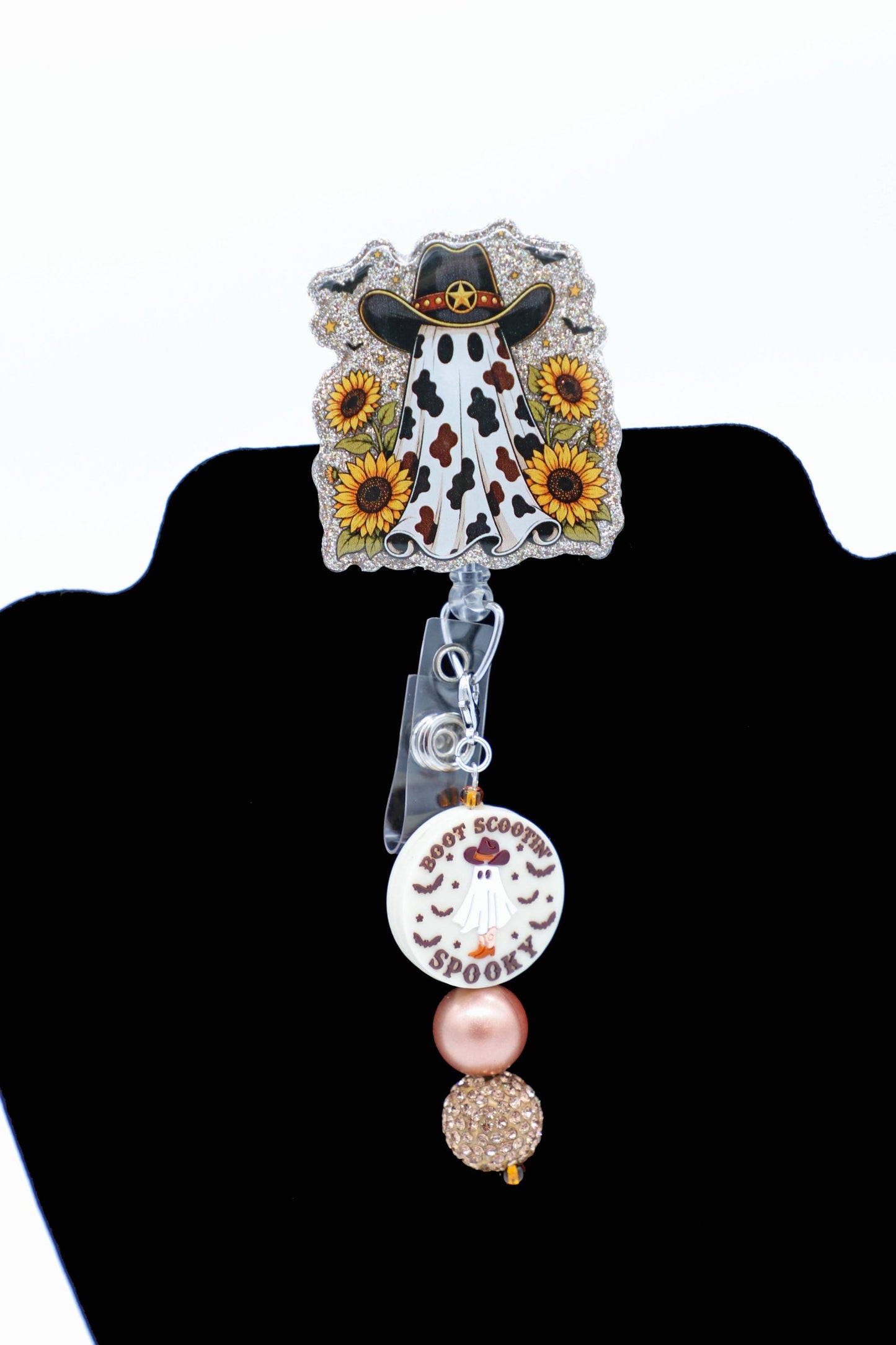 Sunflower Ghost Cowboy Badge Reel, Retractable ID Holder, Cute Halloween Nurse Accessory