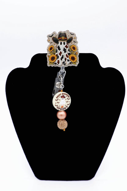 Sunflower Ghost Cowboy Badge Reel, Retractable ID Holder, Cute Halloween Nurse Accessory