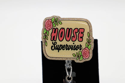 House Supervisor Floral Badge Reel, Retractable ID Holder, Nurse Work Accessory