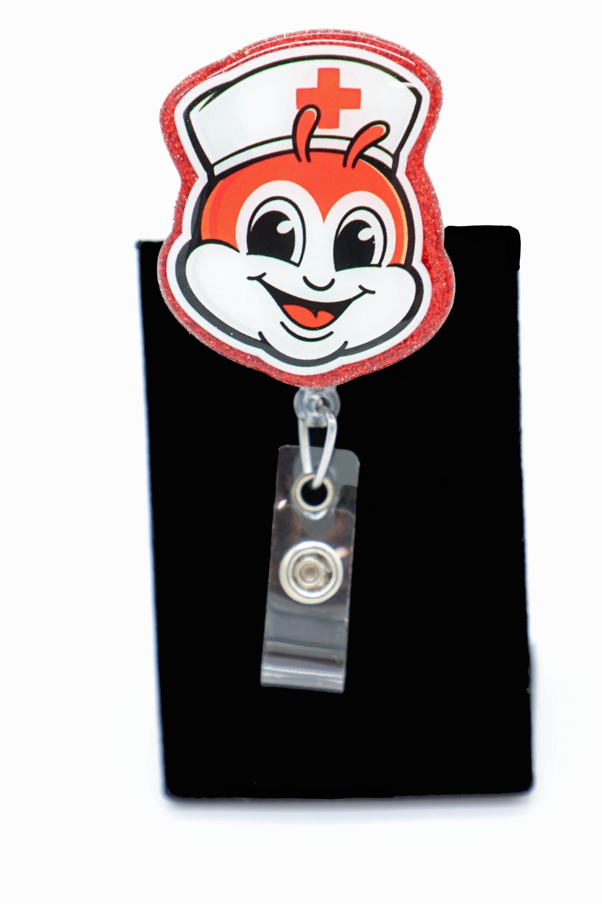 Jolly Bee Nurse Badge Reel, ID Holder, Red Glitter Accent, Medical Staff Accessory