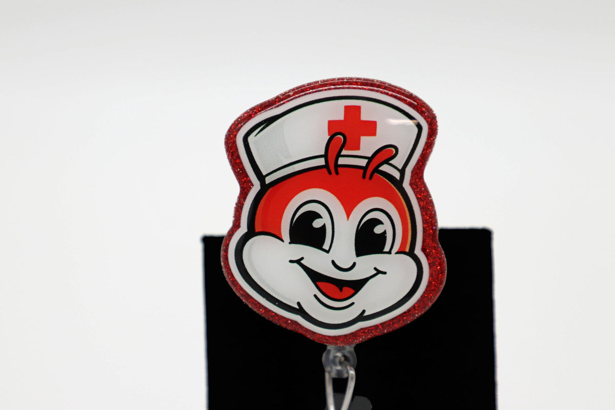 Jolly Bee Nurse Badge Reel, ID Holder, Red Glitter Accent, Medical Staff Accessory