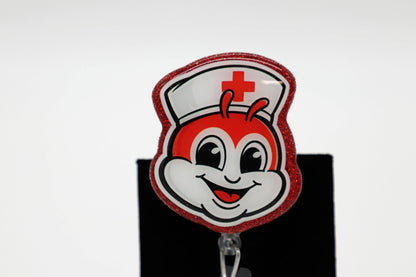 Jolly Bee Nurse Badge Reel, ID Holder, Red Glitter Accent, Medical Staff Accessory