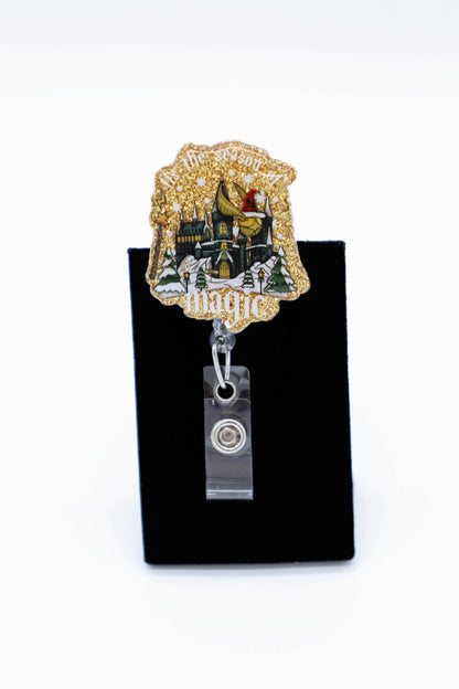 Magical Castle Christmas Badge Holder, Wizard Theme, Nurse ID Reel, Seasonal Work Accessory